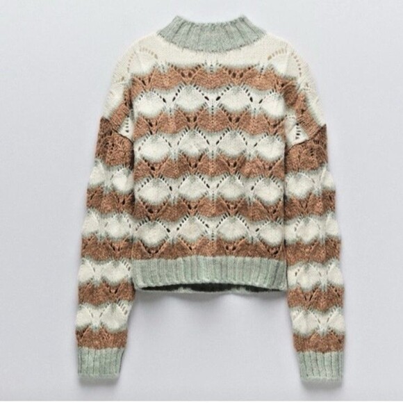Zara Striped Pointelle Knit Alpaca Wool Blend Sweater Women’s S/M Ivory Tan Sage - Picture 3 of 7